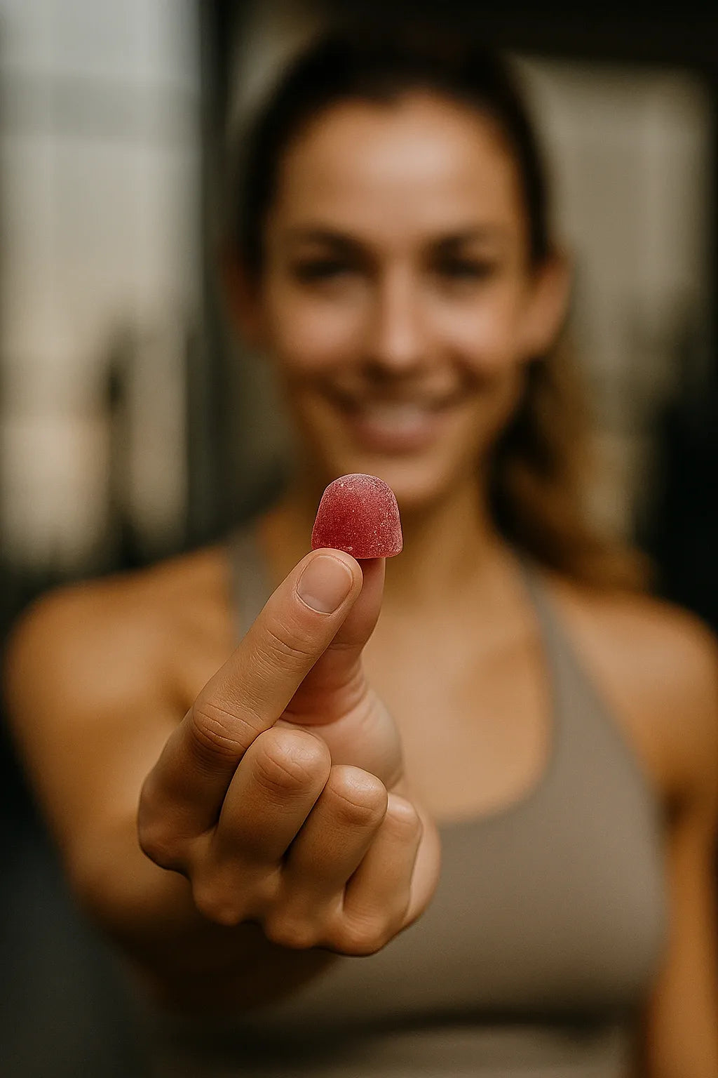 Frau hält einen einzelnen stacks Creatin Gummy in der Hand, leicht unscharf im Hintergrund.