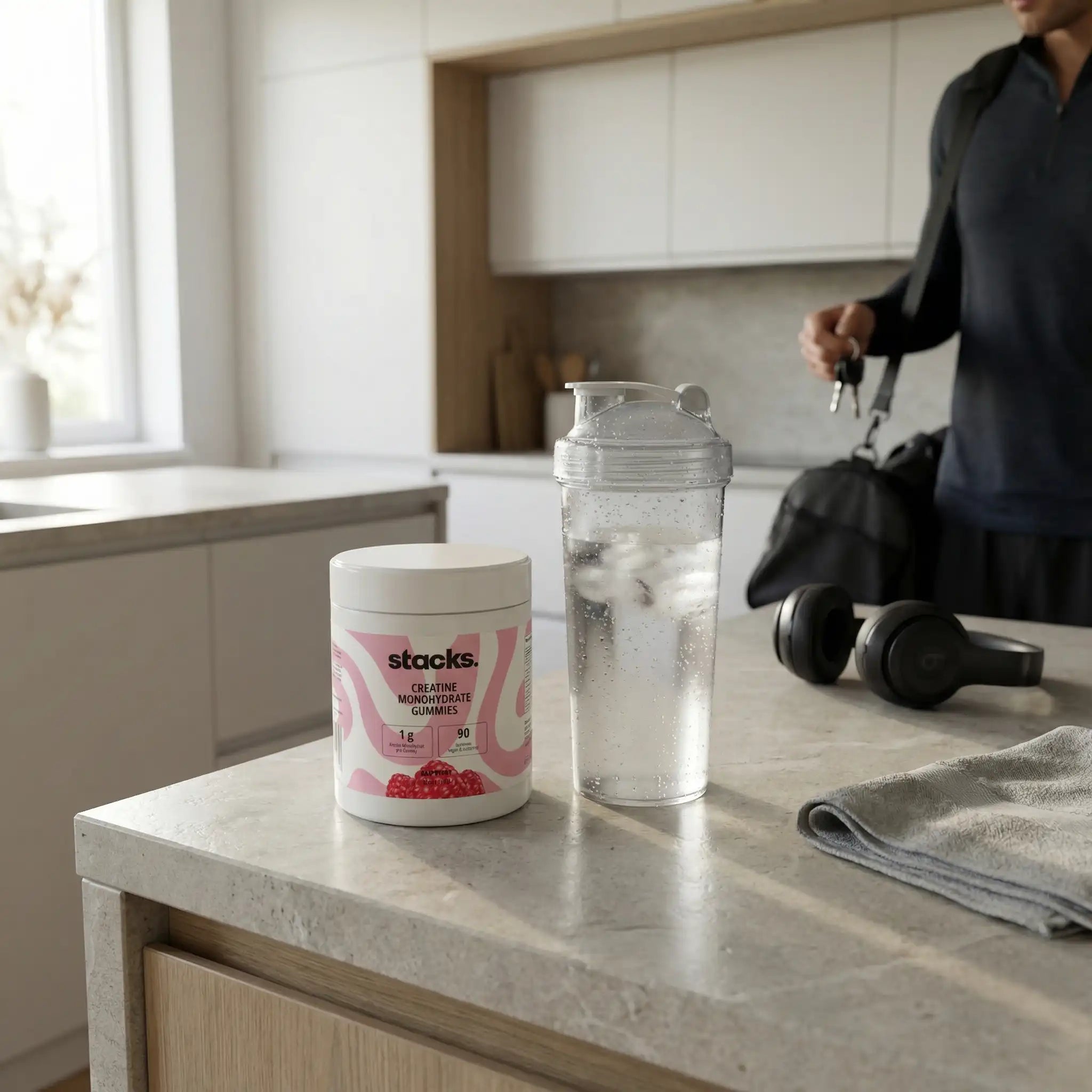 Dose stacks Creatin Gummies steht auf einer Kücheninsel neben einem Wasserglas.