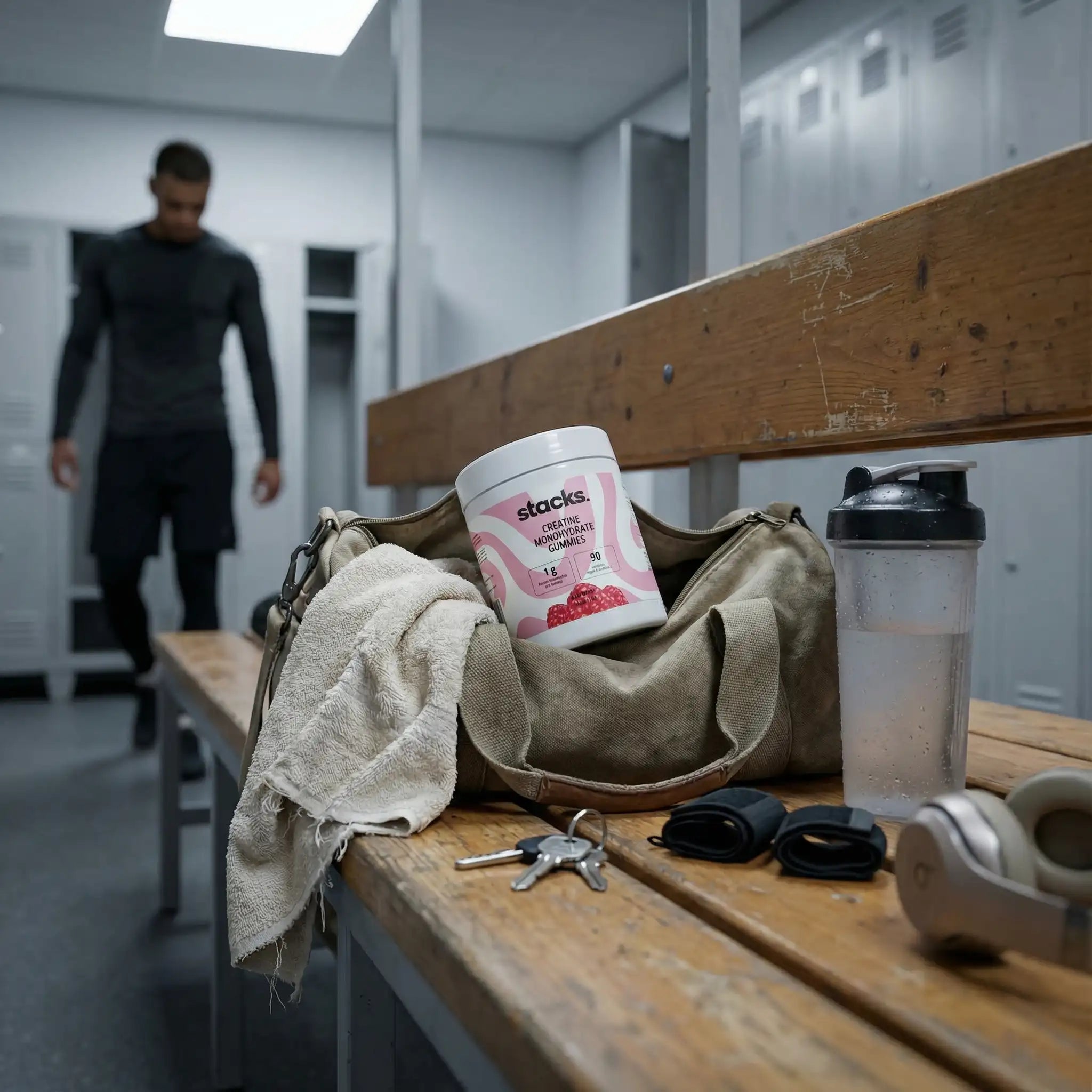 Dose stacks Creatin Gummies liegt im Spind eines Gyms, Athlet tritt ein.