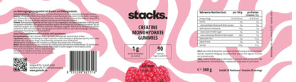 Etikett der stacks Creatin Gummies in der Geschmacksrichtung Himbeere.